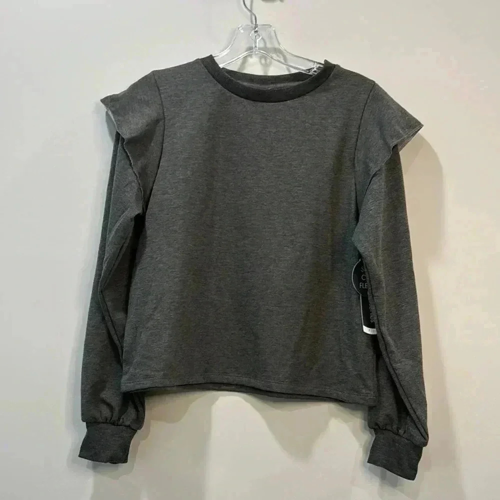 Daisy Fuentes Fit Women’s Gray Long Sleeve Ruffle Shoulder Sweatshirt Size M